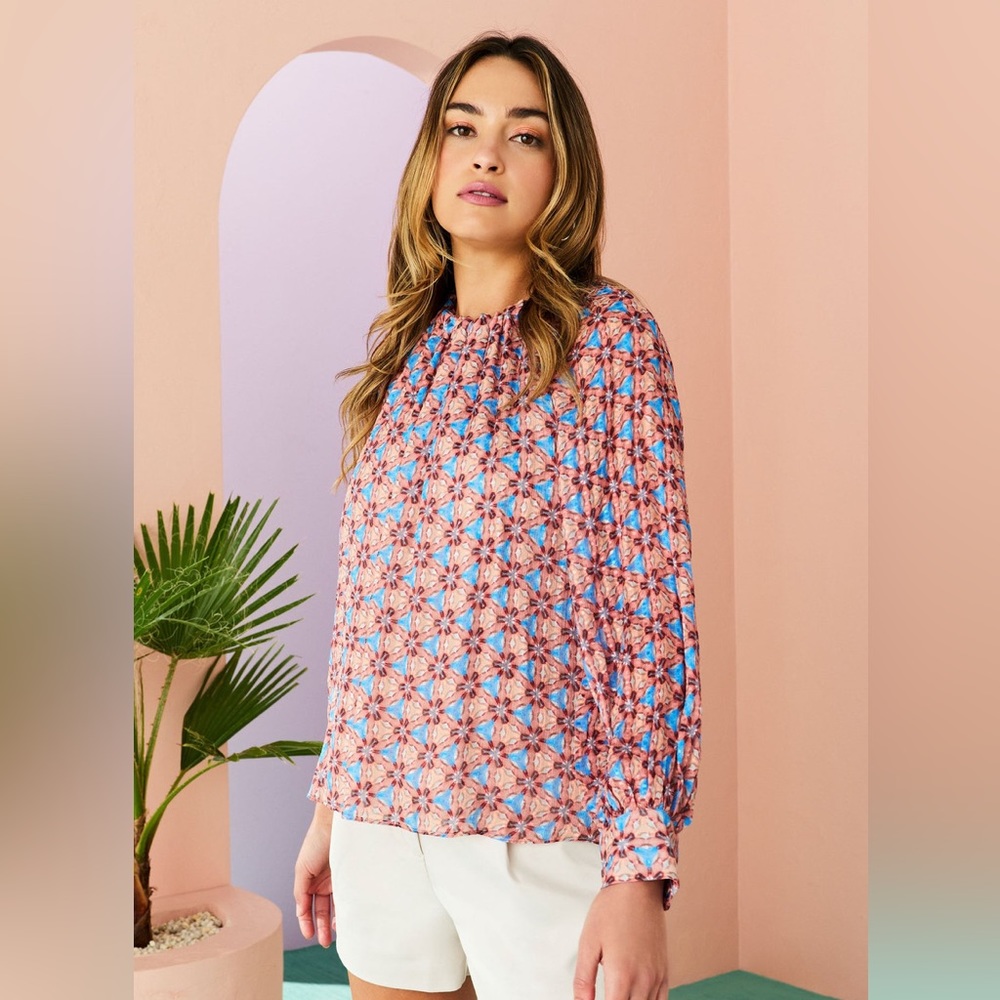 Marie Oliver NWT Silk Blend Jenna Long Sleeve Blouse In Kaleidoscope Size L